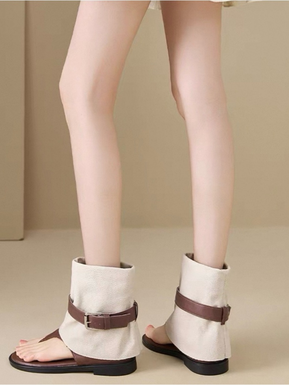 Canvas and Brown Leather Wrap Sandal - Women